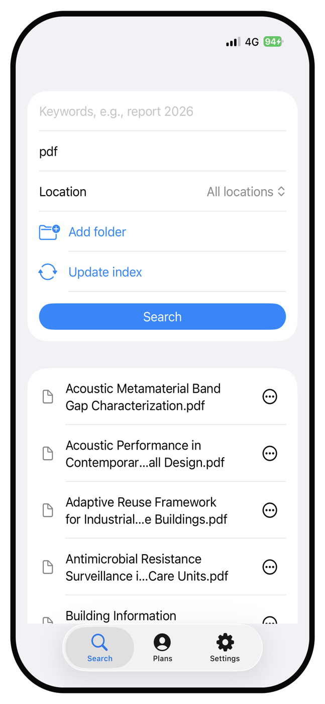 Quick Search File for iOS showing combined filename search results