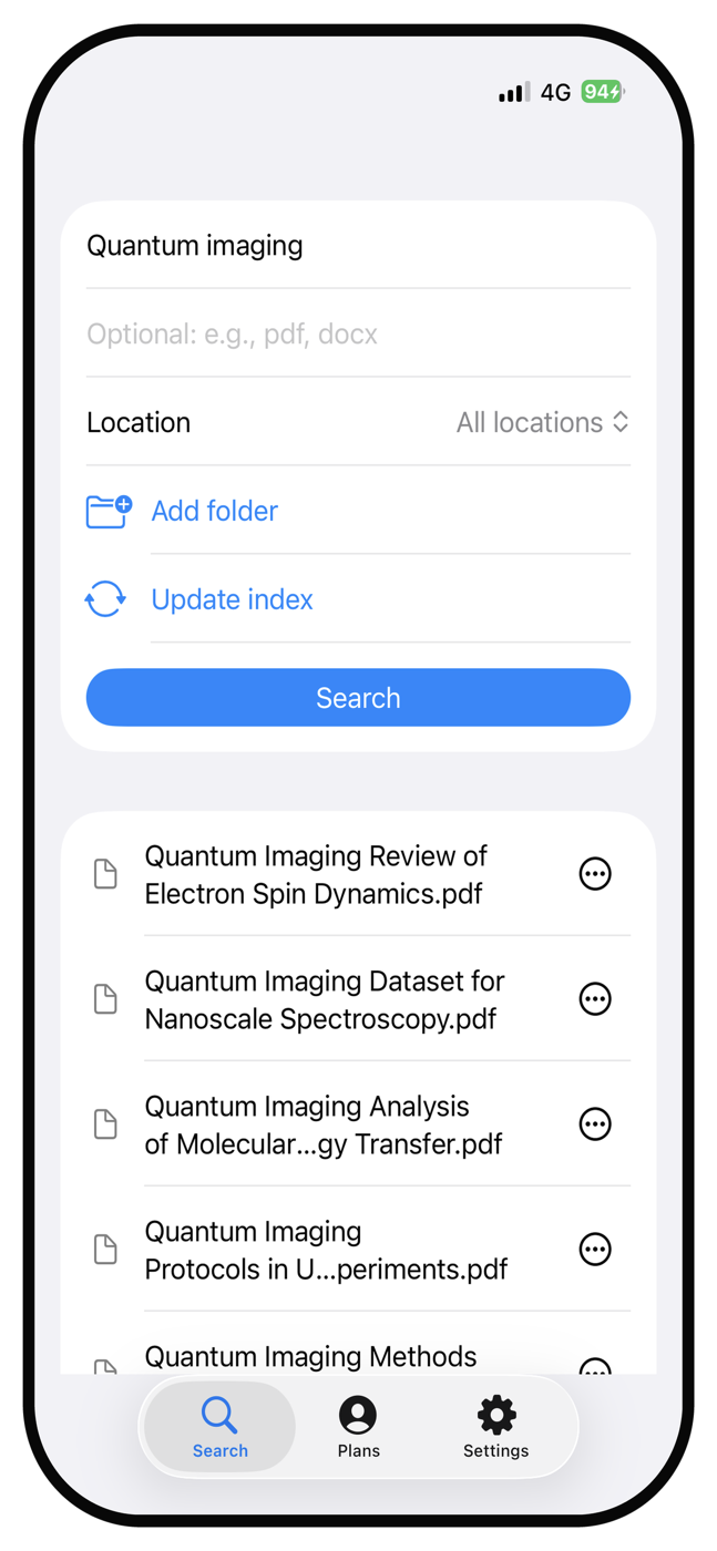 Quick Search File for iOS showing extension search for pdf files