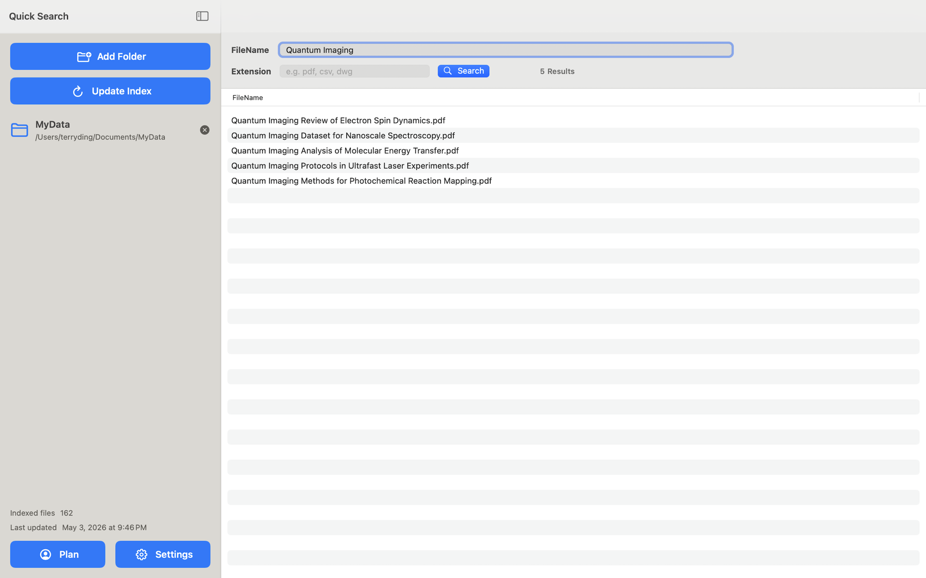 Quick Search for macOS showing combined filename search results