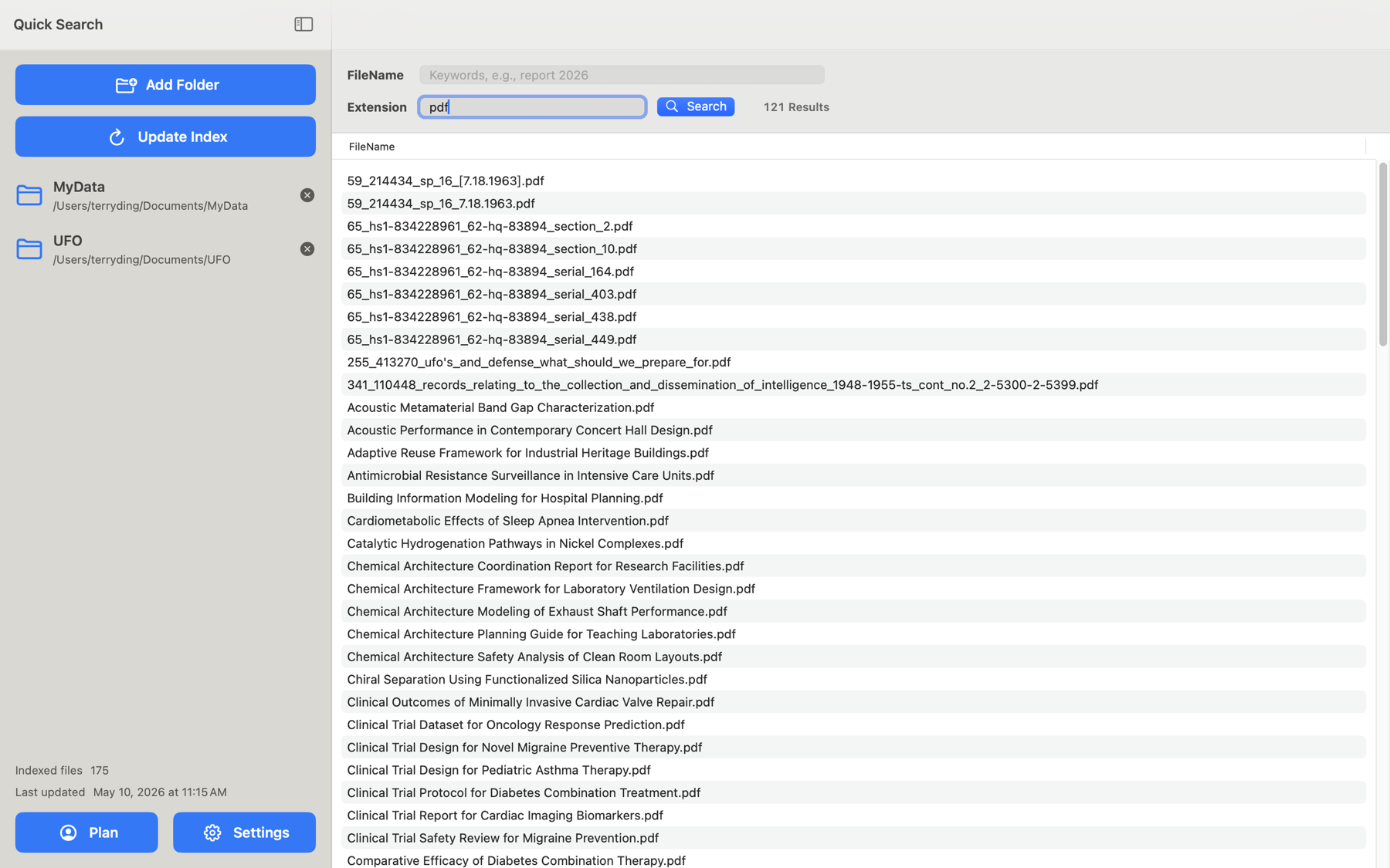 Quick Search for macOS showing extension search for pdf files